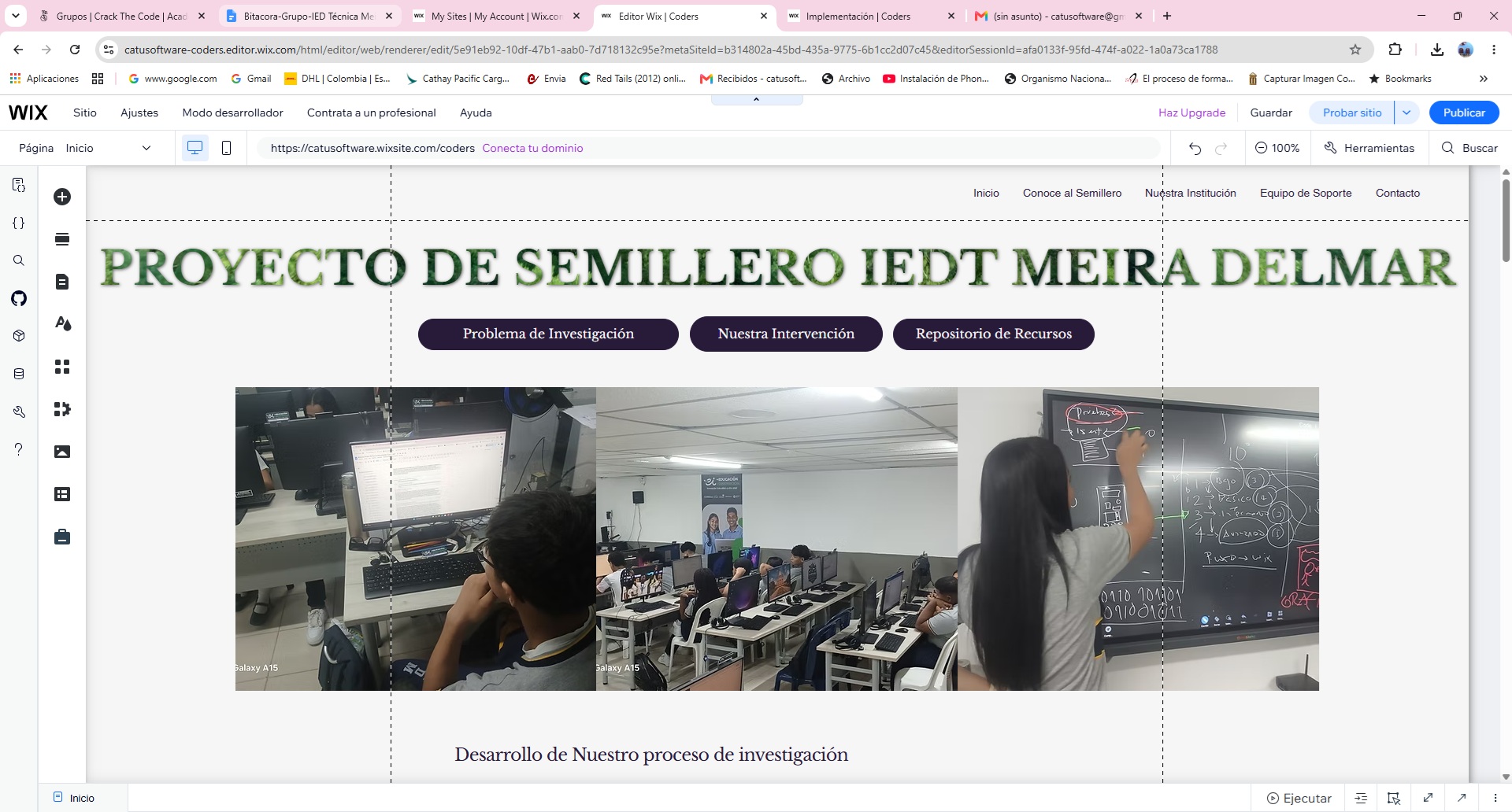 Vista del prototipo web del semillero en el editor Wix